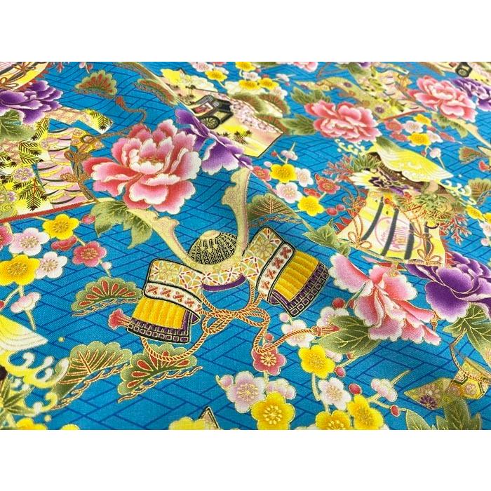和柄生地 着物風 花と兜と宝船 シーチング 和調 和柄 布 1m単位 : さん