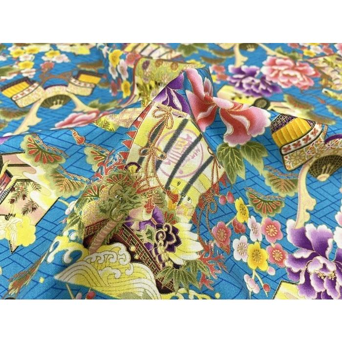 和柄生地 着物風 花と兜と宝船 シーチング 和調 和柄 布 1m単位 : さん