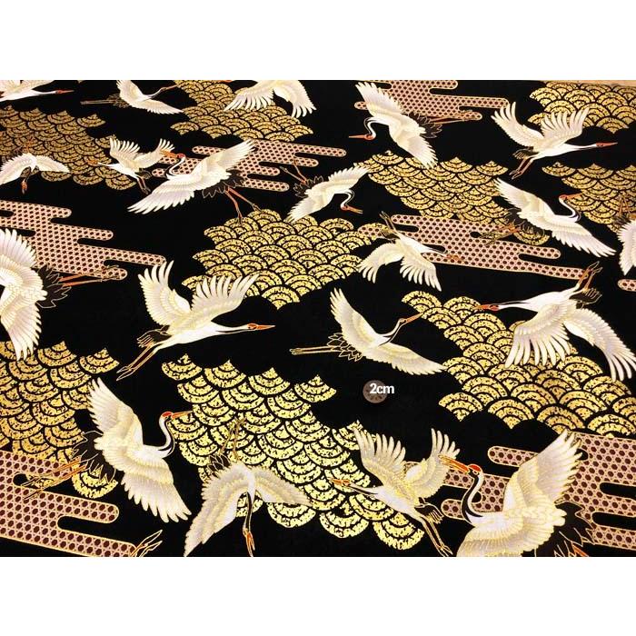 波と鶴の柄 着物 100cm以上用 和柄生地 着物風 鶴と青海波に花模様 シンプルシルバー
