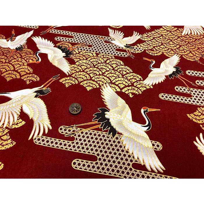 波と鶴の柄 着物 100cm以上用 和柄生地 着物風 鶴と青海波に花模様 シンプルシルバー