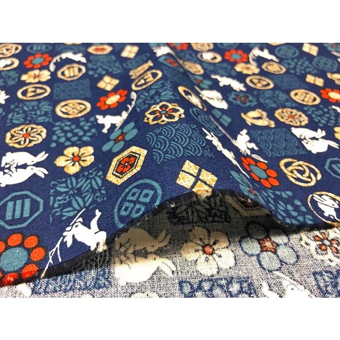 和柄生地 家紋柄と白兎 シーチング 和調 和柄 布 1m単位 : kw3410-1 