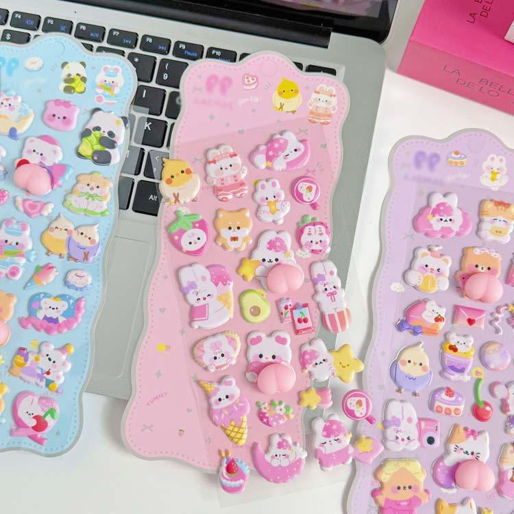 3Dシール おしりぷにぷに 4枚セット 可愛い ぷくぷくシール 飾り 日系