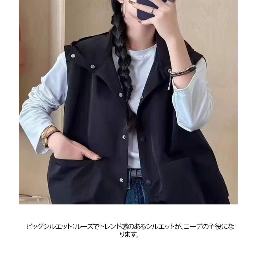 ベスト レディース ビッグシルエット ノースリーブパーカー フード付き