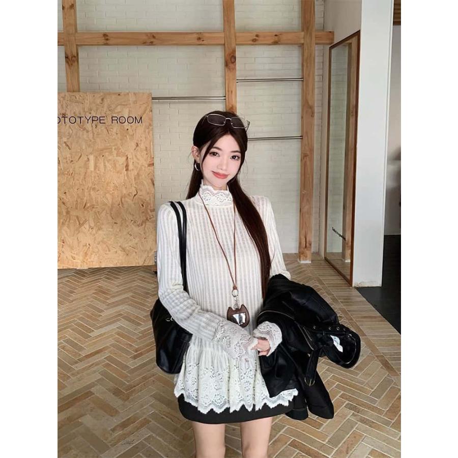 レース 裾 トップス ロンT レディース 春 秋 長袖 Tシャツ レース