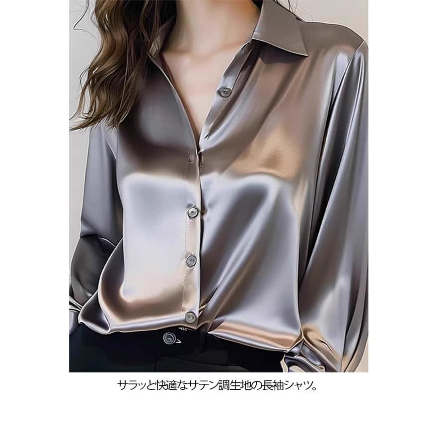 サテン ブラウス 春 夏 シャツ シルク風 サテン調 無地 艶感 可愛い