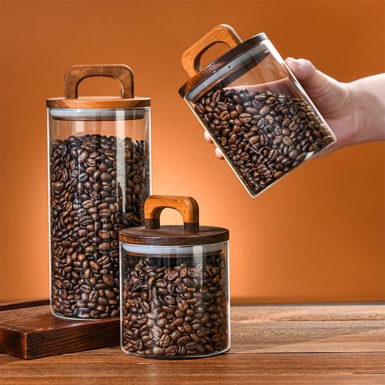2個セット 木製蓋付 キャニスター ガラスジャー 天然木 コーヒー豆入れ