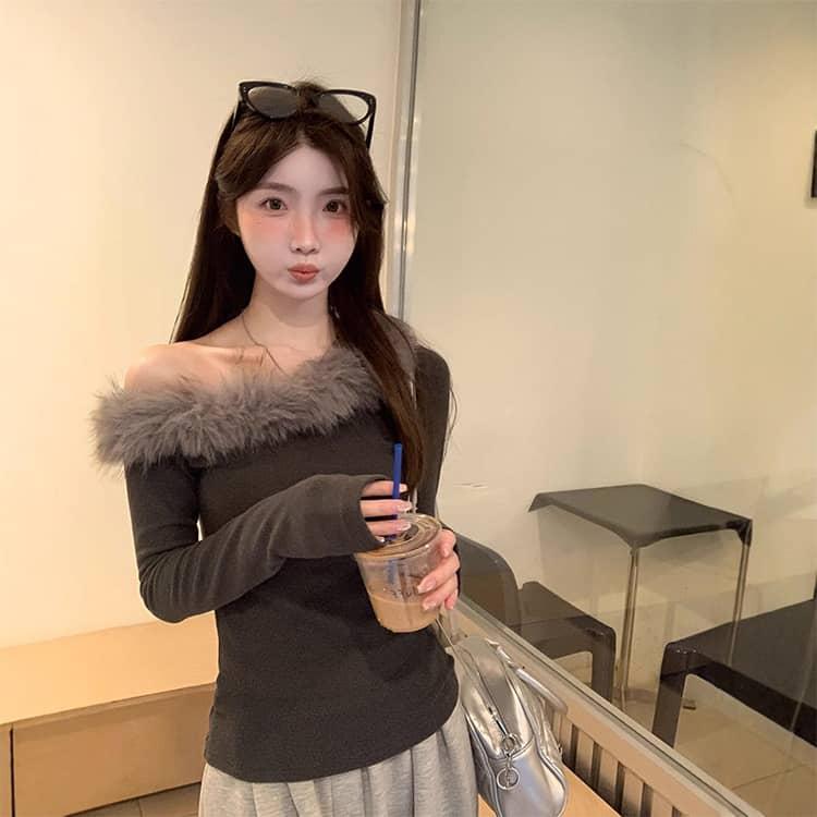 ファー付きワンショルダーカットソー ロングT 長袖 Tシャツ トップス