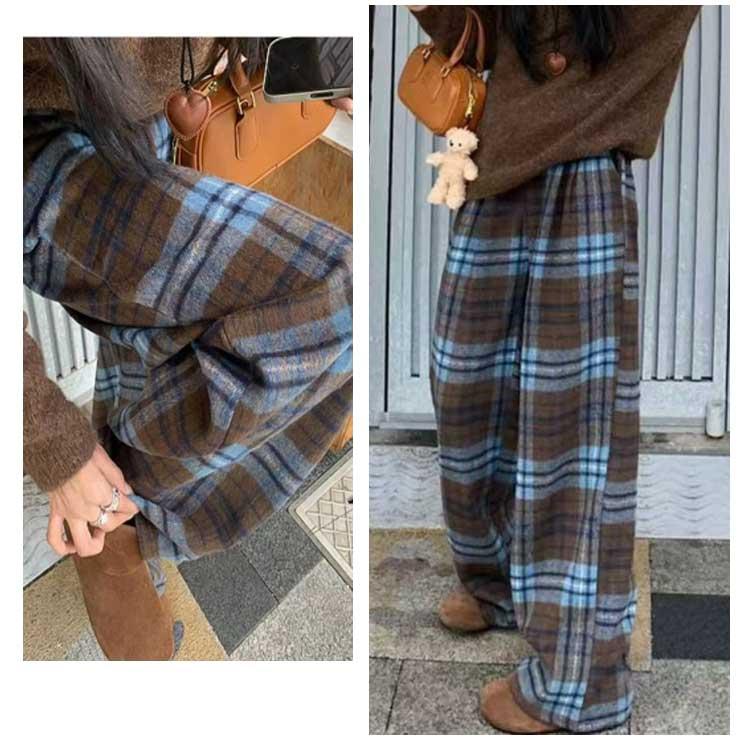 ラシャタッチ 裏起毛 ワイドパンツ チェック柄 チェックパンツ ロング