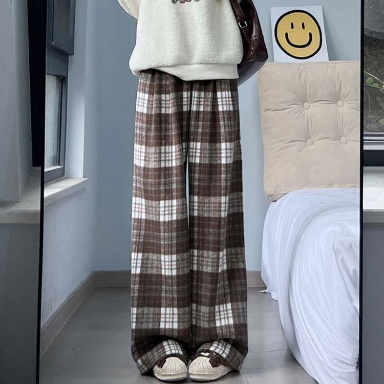 ラシャタッチ 裏起毛 ワイドパンツ チェック柄 チェックパンツ ロング