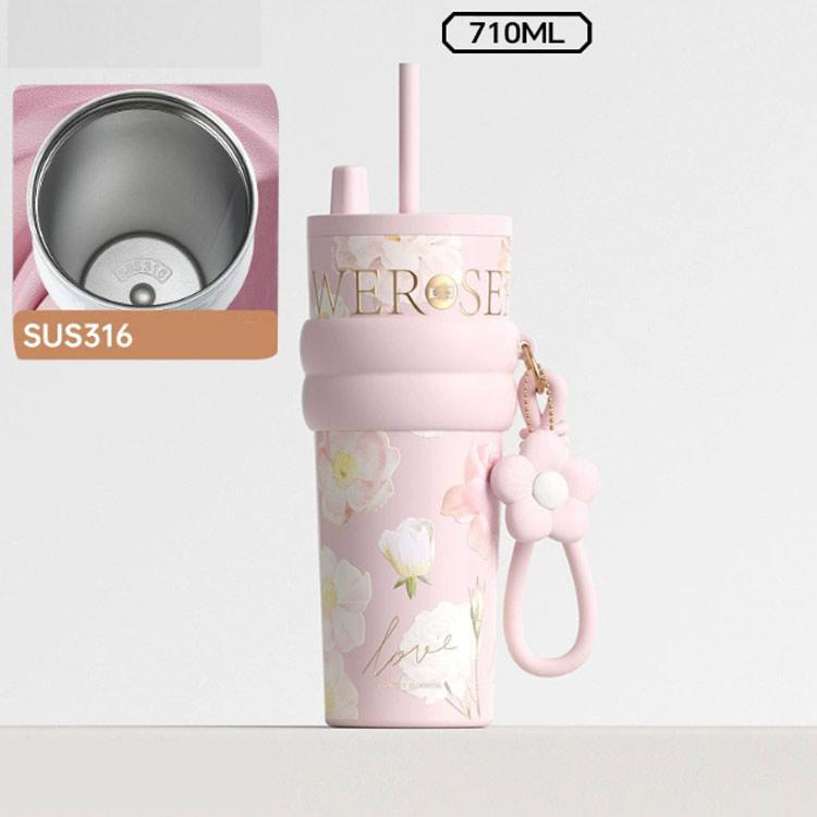 ストロー付きタンブラー セラミック 蓋付き 水筒 持ち運び 710ml 大