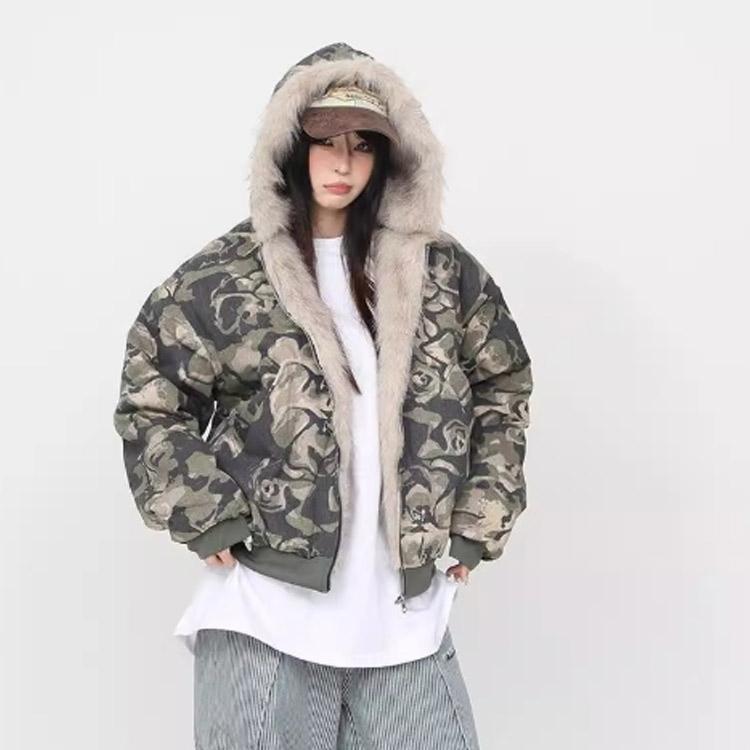 迷彩コート レディース ファージャケット メンズ 秋冬 ファー付き