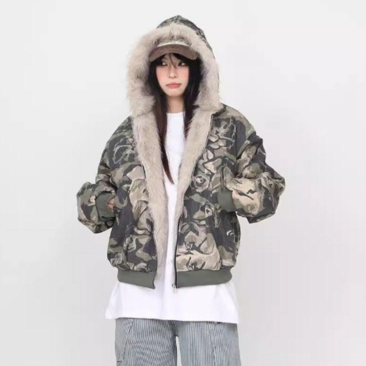 迷彩コート レディース ファージャケット メンズ 秋冬 ファー付き