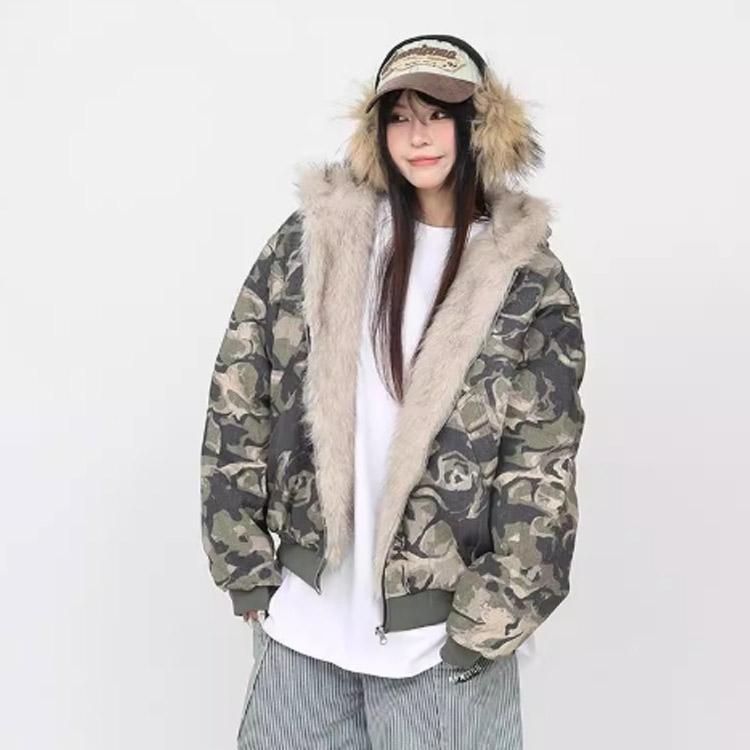 迷彩コート レディース ファージャケット メンズ 秋冬 ファー付き