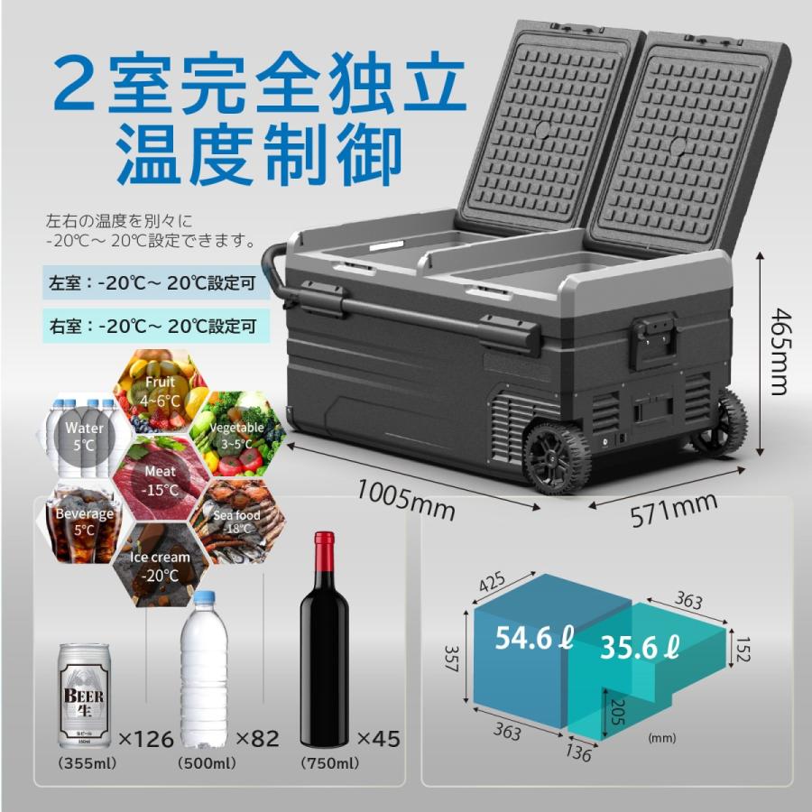 ポータブル 車載 冷凍 冷蔵庫 TX95 大容量 90L 2室独立温度制御 アウトドア バッテリー内蔵可 アプリ操作 独立２ドア -20℃〜20℃ 4WAY電源 大型ホイール 牽引｜sanas｜04