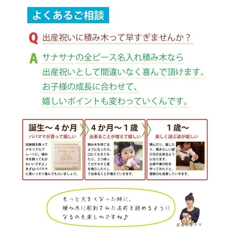 名入れ 積み木 12ピース全部に名入れ+にぎにぎお月様 出産祝い 1歳 誕生日 ギフト 名前入り プレゼント 4cm基尺 無塗装 日本製 名入れ彫刻 サナサナ｜sanasana｜04