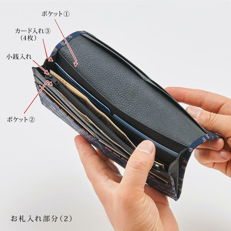 印傳屋 2109】甲州印伝 本革 ファスナー小銭入れ付き 長財布《 紺地×白