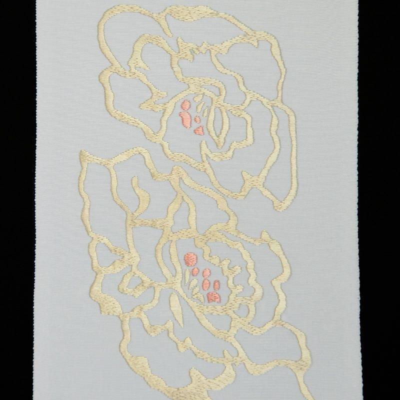 牡丹 手刺繍半衿 / 正絹・塩瀬 袷用 白地×金糸 半襟 : さんび公式 