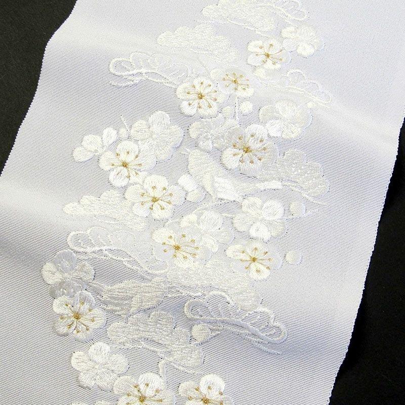 松梅に鳥 刺繍半衿 15055 / 正絹・塩瀬 袷用 白地×白金 半襟 : さんび