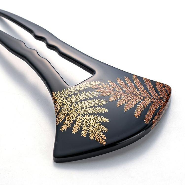 本漆塗り京蒔絵本金粉使用かんざし 楓（かえで）台 銀杏型 忍草文様 髪