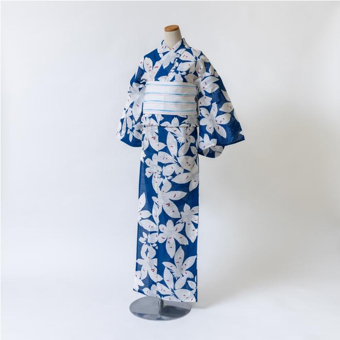 浴衣　綿絽　浜松本染青い花柄 2041-1013-m1.jpg