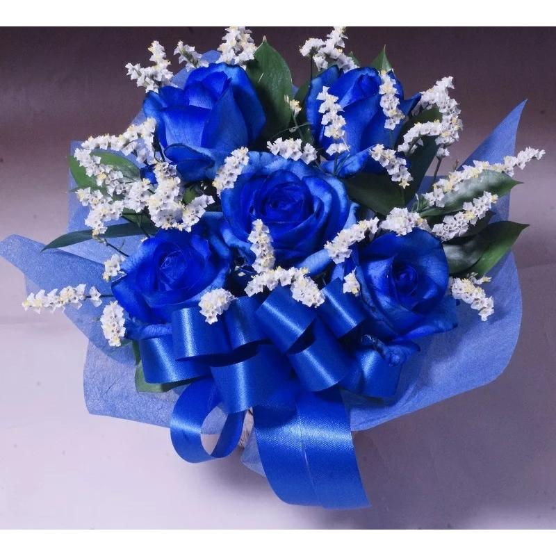 青いバラ5本＆グリーンアレンジメント【生花】ブルーローズ 青バラ 青