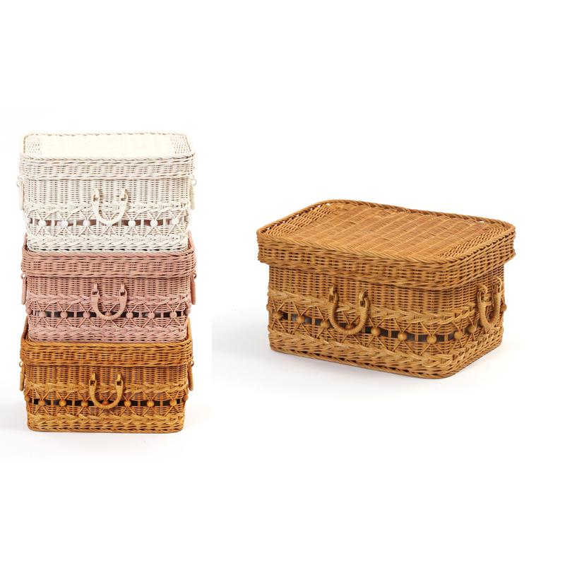 カントリー　ラタンバスケット　バスケット　藤　蓋付き収納　収納　（中） 籐かごバスケット 収納ふた付きカゴ 収納ボックス 棚
