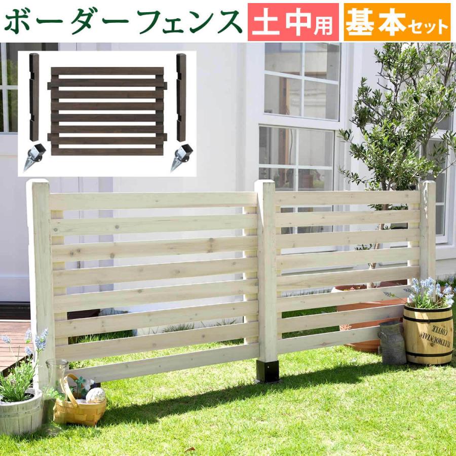 ガーデンフェンス 土中用 基本セット フェンス×1 ポール×2 土中用金具×2 天然木 おしゃれ ボーダー フェンス 屋外 木製 杉 材 イージーフェンス  庭