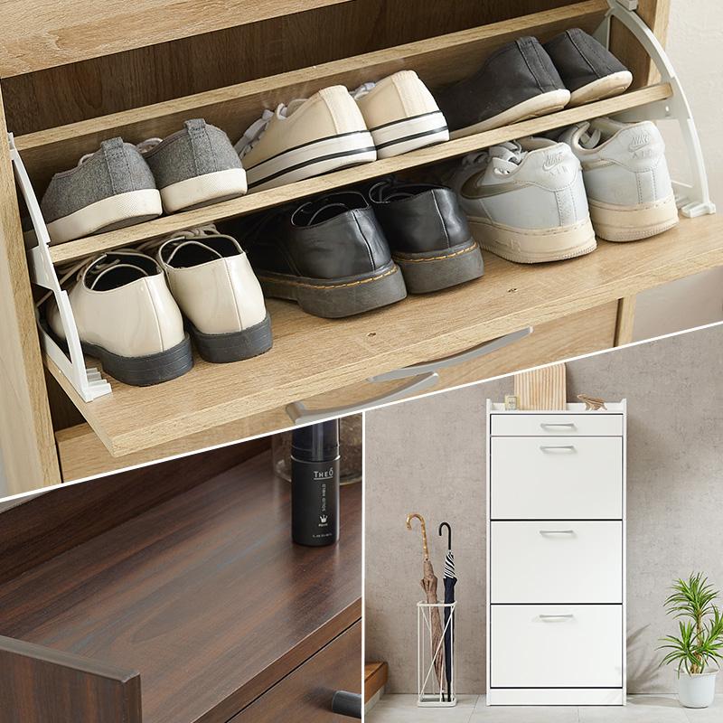 下駄箱 3段 フラップ スリム 幅62 奥行24 大容量 薄型 靴箱 引出し