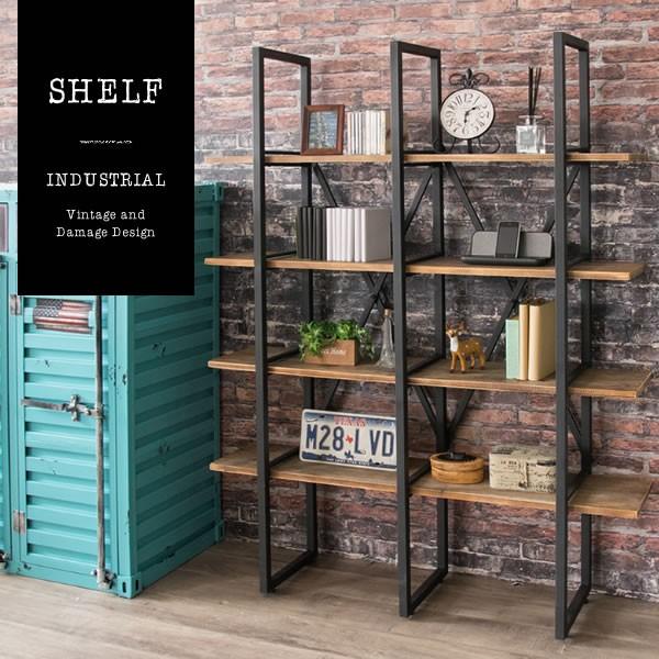 オープンス チール ラック 幅120cm 本棚 4段 収納  おしゃれ ヴィンテージ スチール ラック インダストリアル 木製 天然木 配管風 ブルックリンスタイル 新生活 | 
