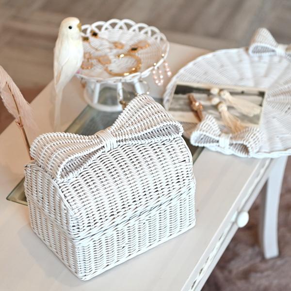 バスケット ラタン ふた付き フタ 収納 ホワイト 姫家具 ガーリー 籐