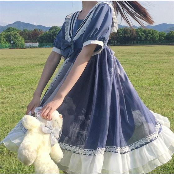 ワンピース レディース ロリータ 半袖 膝丈 マリン風 ゴスロリ ドレス 黒 ブルー ロリータファッション Lolita メイド服 コスプレ 全店2点送料無料 サンドリスオンライン 通販 Yahoo ショッピング