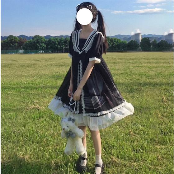 ワンピース レディース ロリータ 半袖 膝丈 マリン風 ゴスロリ ドレス 黒 ブルー ロリータファッション Lolita メイド服 コスプレ 全店2点送料無料 サンドリスオンライン 通販 Yahoo ショッピング