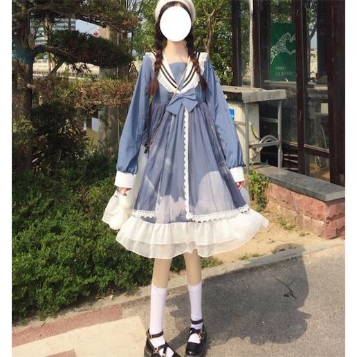 ワンピース レディース ロリータ 長袖 膝丈 マリン風 ゴスロリ ドレス 黒 ブルー ロリータファッション Lolita メイド服 コスプレ 全店2点送料無料 サンドリスオンライン 通販 Yahoo ショッピング