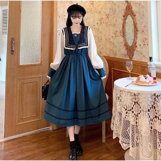 レディース ロリータワンピース 長袖 セーラー風 学園風 ロング丈 春秋ワンピ 森ガール 体型カバー ハイウエスト 可愛い 全店2点送料無料 サンドリスオンライン 通販 Yahoo ショッピング