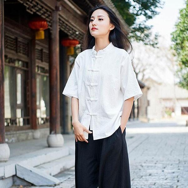 シャツ レディース リネンシャツ レディース Tシャツ 半袖 中華風 チャイナボタン 3色 パープル 夏 全店2点送料無料 Sand1640 サンドリスオンライン 通販 Yahoo ショッピング