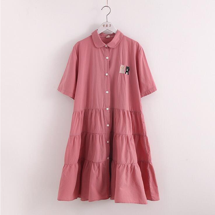 綿生地ワンピース 夏 レディース シャツワンピース 可愛いワンピース 半袖ワンピ 刺繍 森系 カジュアル風 フリーサイズ ブルー ピンク Sand4308 サンドリスオンライン 通販 Yahoo ショッピング