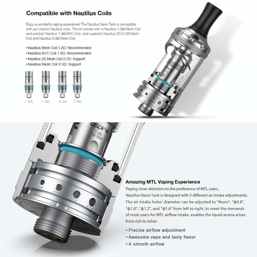 NAUTILUS ノーチラス アブドミナル す戸田市発 aspire nautilus nano アトマイザー 19.5mm 510 1.0Ω 1.8Ω