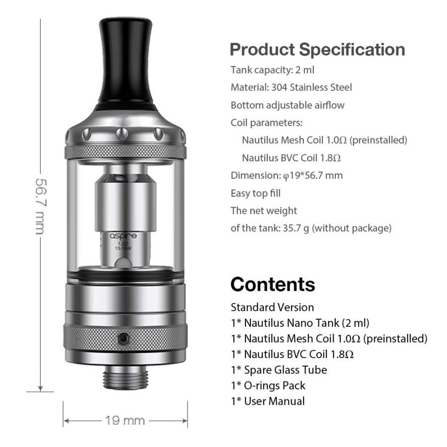 aspire nautilus nano アトマイザー 19.5mm 510 1.0Ω 1.8Ω