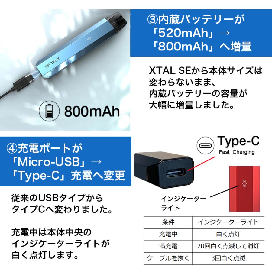 zq xtal se+ POD 本体 + 交換用 0.8Ω 4個入り ゼットキュー エクスタル エスイ プラス 電子タバコ pod型 vape べイプ ポッド 初心者 おすすめ 爆煙 Type-C｜sanesuline｜14