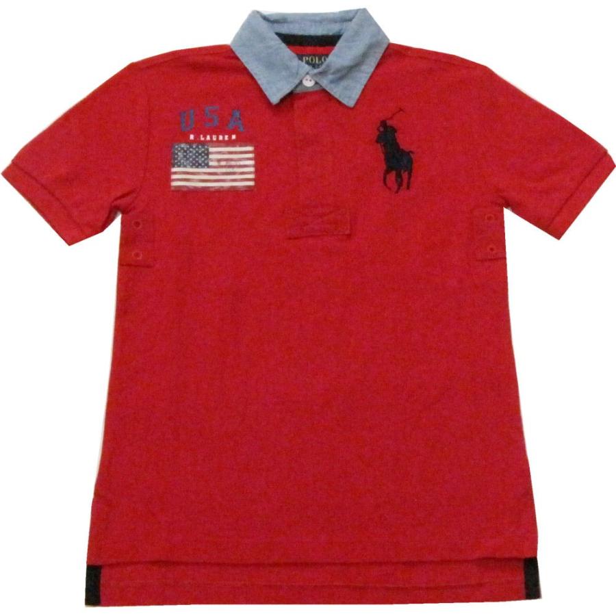ジュニアサイズ POLO RALPH LAUREN(ポロ ラルフローレン) 星条旗パッチビッグポニー鹿の子ポロシャツ(Red
