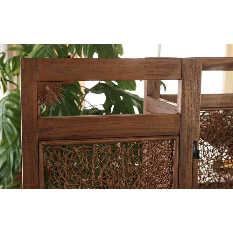 パーテーション 衝立 チーク 無垢材 ラタン 3連 パーティション チーク