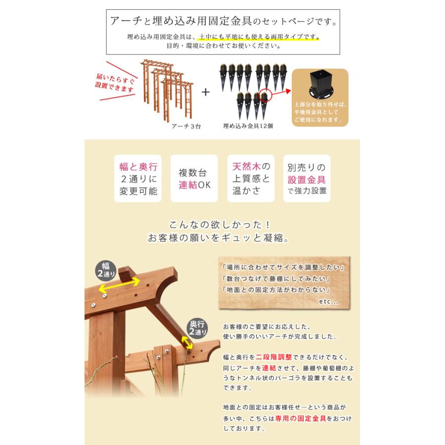 天然木製フレックスパーゴラアーチ190 3台組 埋め込み金具セット FLPG