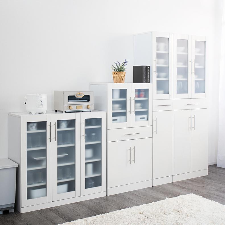 ホワイト 食器棚 ガラス扉付き MINT 食器棚 キッチン収納 キッチンボード キッチン 鏡面 ミストガラス