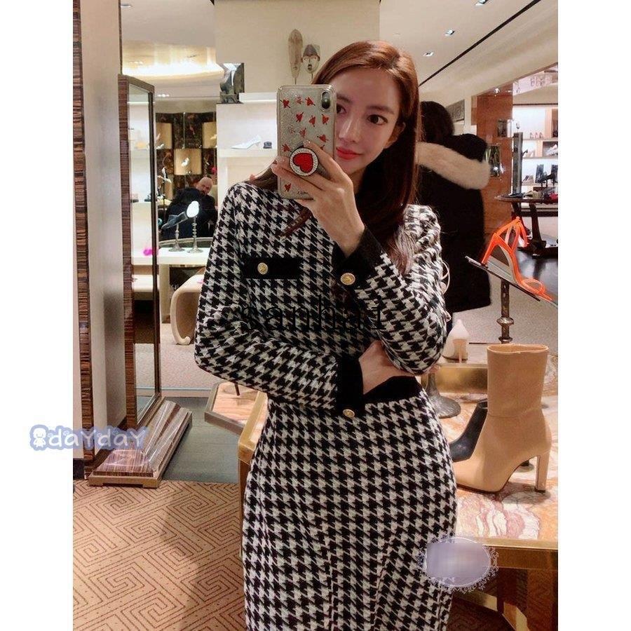 注目ブランドのギフト オシャレ タイトスカートロング丈ニットワンピース 千鳥格子セーター 長袖ワンピース 秋冬 40代 レディース ニットワンピース 韓国風 新作 上品 大人 ワンピース サイズ L Www We Job Com