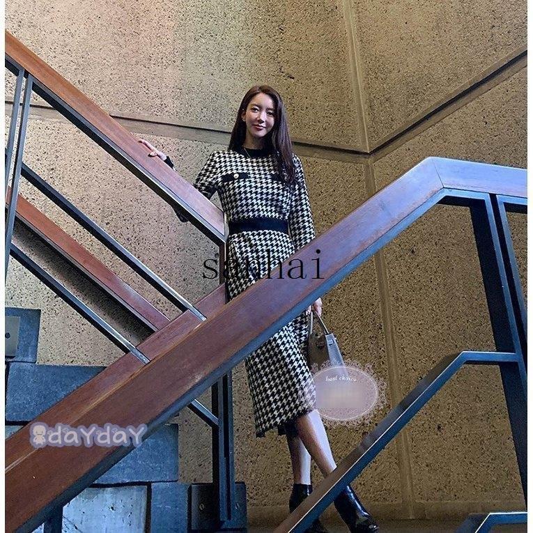 注目ブランドのギフト オシャレ タイトスカートロング丈ニットワンピース 千鳥格子セーター 長袖ワンピース 秋冬 40代 レディース ニットワンピース 韓国風 新作 上品 大人 ワンピース サイズ L Www We Job Com