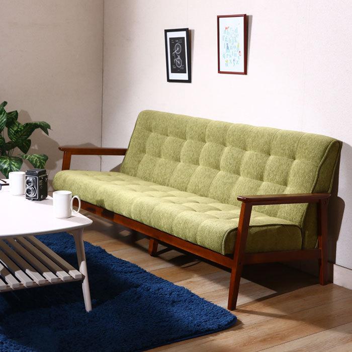 グリーンファブリックソファ 木製フレーム ソファー 幅64cm 布製