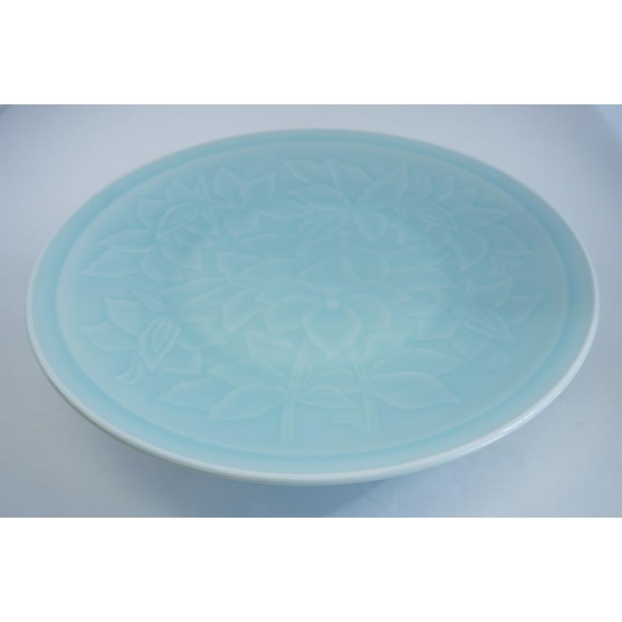 青白磁唐草 10.0高台皿 美濃焼 日本製 丸皿 皿 刺身 ふぐ刺し てっさ