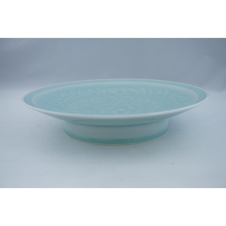 青白磁唐草 10.0高台皿 美濃焼 日本製 丸皿 皿 刺身 ふぐ刺し てっさ