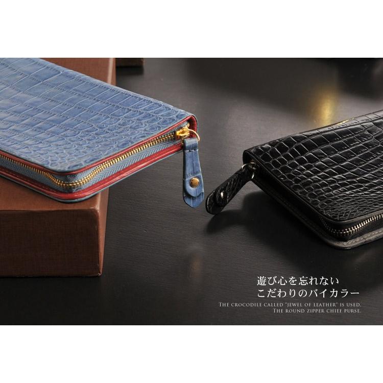 クロコダイル メンズ 長財布 ラウンド ジップ マット 加工 センター取り 一枚革 薄型   大型財布 革小物 ワニ革の画像