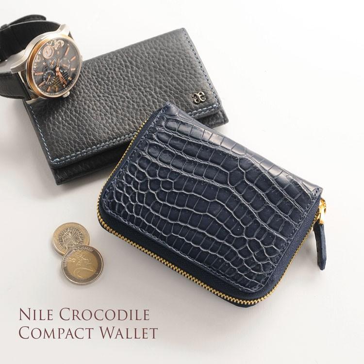 クロコダイル コンパクト 財布 マット 加工 メンズ ラウンドファスナー